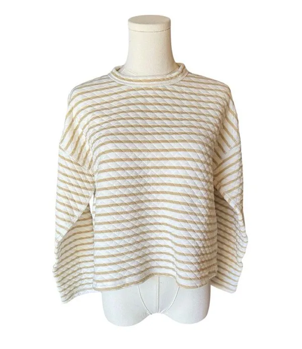 J. Crew - Beige and Cream Preppy Striped Reversible Quilted Pullover Sz M - Image 3