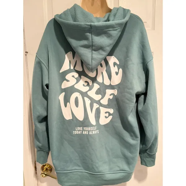 Forever 21 More Self Love Zip Hoodie Women's S Teal Green Fleece Oversized Cozy‎ - Image 3