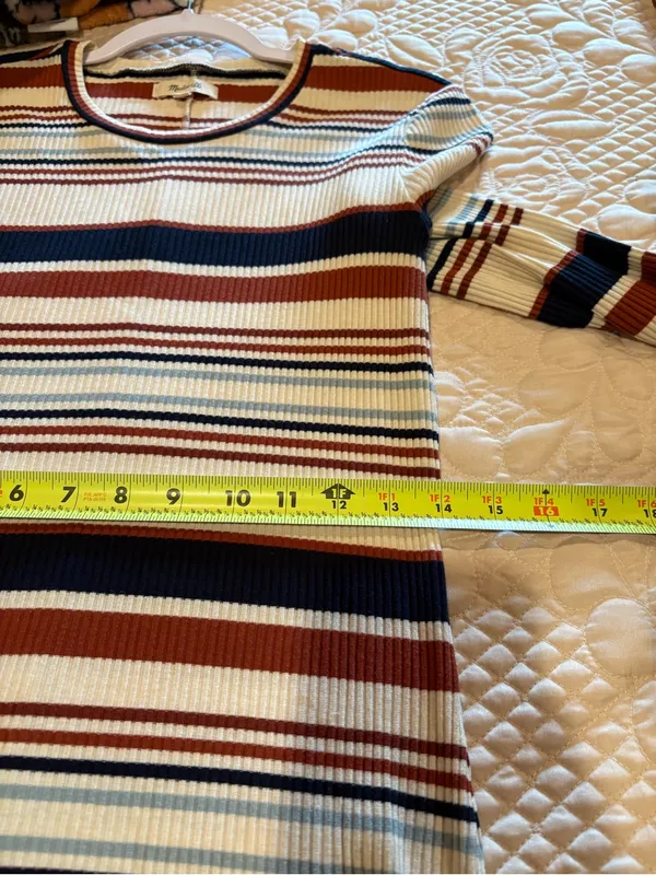 Madewell multi-color striped ribbed midi dress rust navy cream light blue Wmns L - Image 9