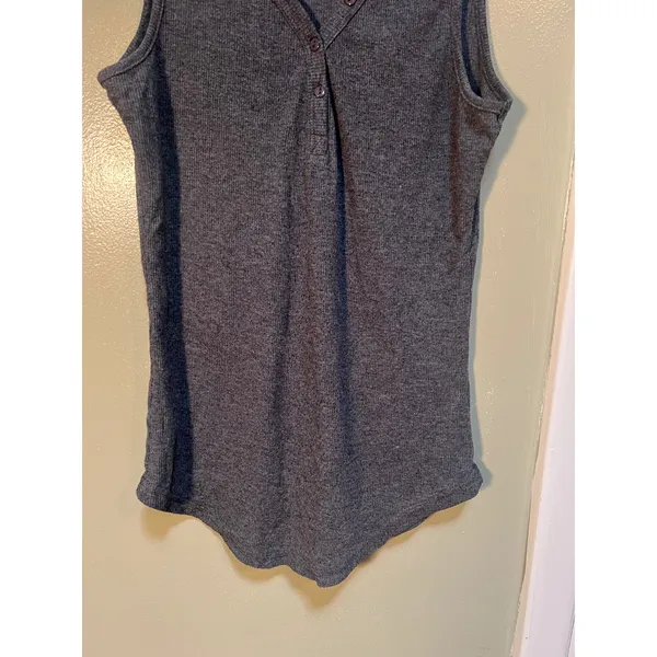 Womens Sleeveless Henley Tank Top Dark Charcoal Gray Ribbed V-Neck Button C5J020 - Image 3