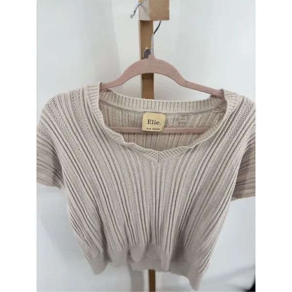 Elie Tahari Women’s Short Sleeve V Neck Beige Grey Sweater Size Large - Image 2