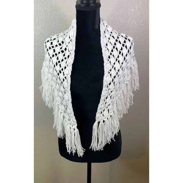 Womens Handmade OS Crochet Shawl White Fringe Open Knit Shell Stitch Wrap Boho - Image 2