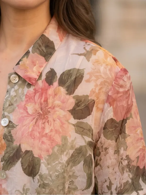 J.B.S. Sheer Floral Button-Down Shirt in Peach, Pink and Green - Image 2
