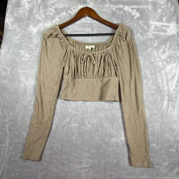 Madewell Ribbed Square Neck Keyhole Tie‎ Long Slv Crop Top Medium Brown Hipster - Image 6