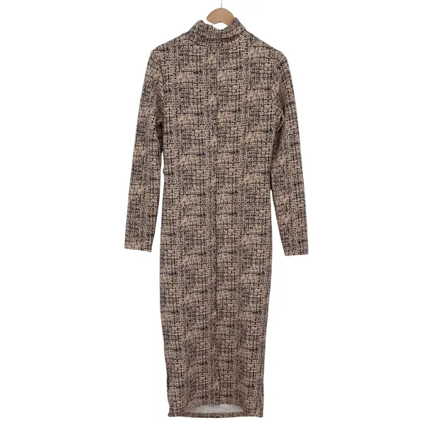 SHEIN Dress Womens 12 Mock Neck Long Sleeve Tan Black Abstract Grid Excellent - Image 5