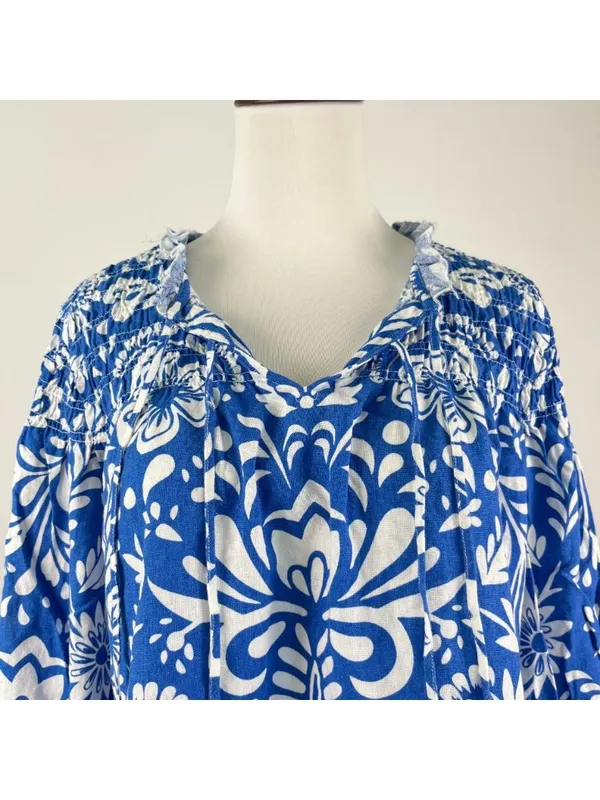 NWOT John Mark Linen Blend Floral Smocked Sleeves Top Blouse Shirt Blue Size M - Image 3