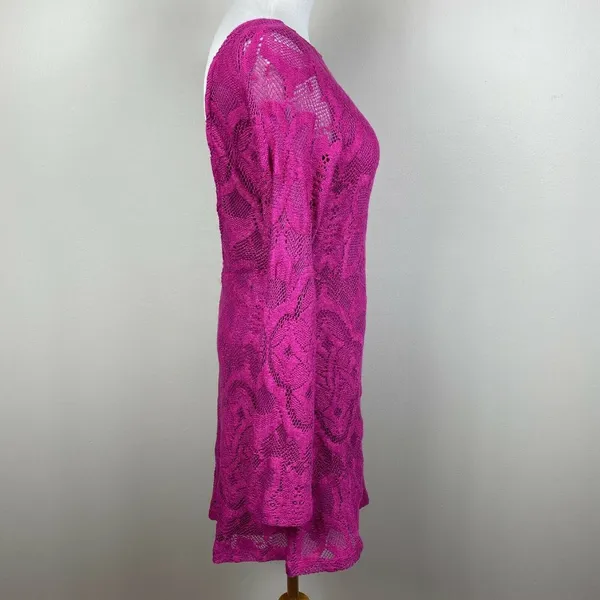 Nightcap Mini Dress Large Pink‎ Lace Open Back Bell Sleeve Boho Boatneck New NWT - Image 7