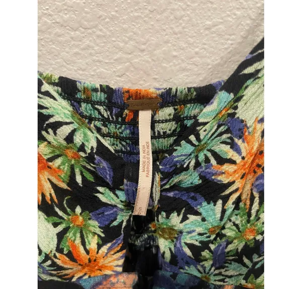 Free People Abstract Print Front Cut Out Smocked Flowy Romper - Image 4