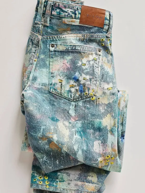 Free People Tennessee Low Rise Illusion Jeans Floral Canvas Paint Splatter - Image 13