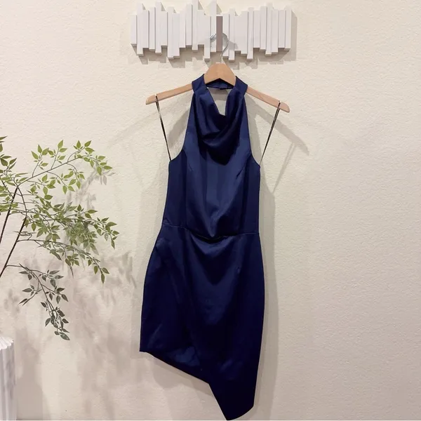 Elliatt Camo Navy Blue Halter Backless Satin Mini Dress Asymmetrical Hem NWT - Image 2