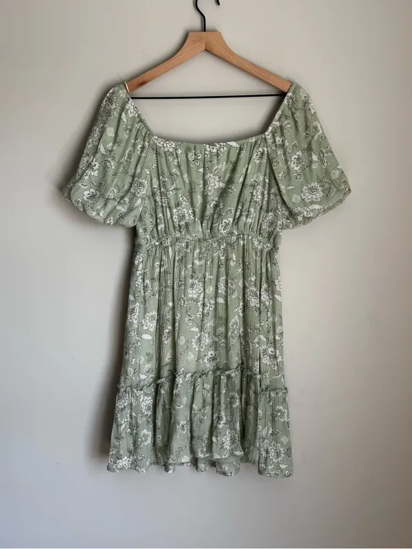 Blu Pepper Sage Green Floral Puff Sleeve Cottagecore Mini Dress Medium - Image 2