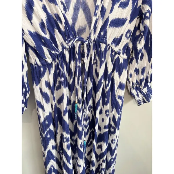 Blue Island Size M Ikat Print‎ Coverup Dress Boho Drawstring Waist Vacation - Image 2