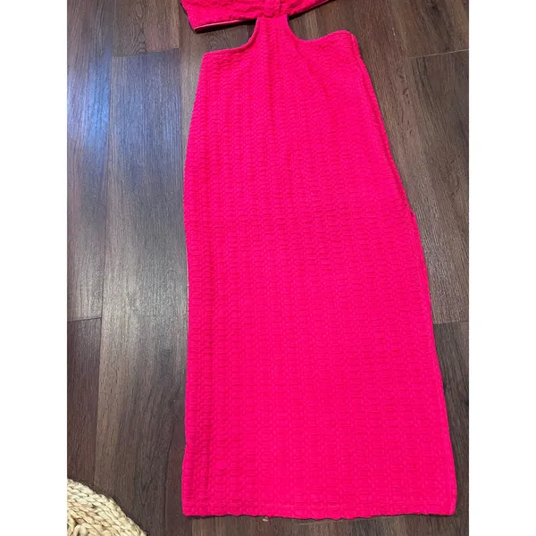 Boutique Hot Pink Twist Front Textured Cutout Bodycon Dress Barbiecore Size Small - Image 3