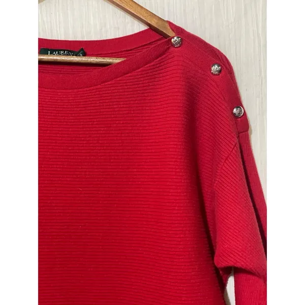 Lauren Ralph Lauren Ribbed Sweater Red Boat Neck Button Shoulder Women's Large - Image 3