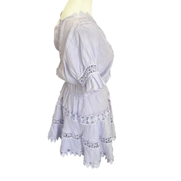 Peixoto Ora Lavender Eyelet Lace Cotton Mini Dress Flutter Sleeve Boho Resort S - Image 6