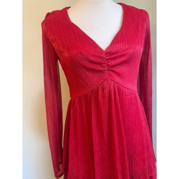 Francescas Red Metallic Tiered Mini Dress Sleeve S NWT y2k party festive dainty - Image 3