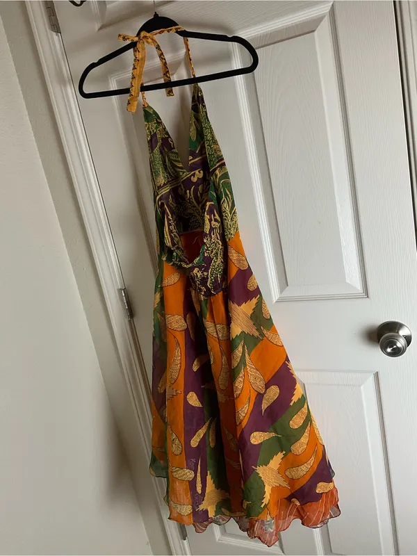 Raj 100% Silk Boho Halter Dress Size S Multi-Color Patchwork India - Image 12