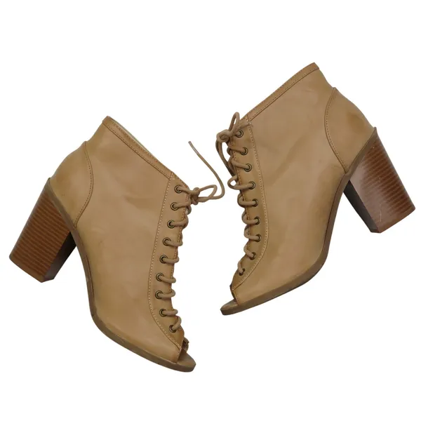 Soda Beige Lace Up Peep Toe Bootie Tan Ankle Tie Front Ankle Boots Size 7.5 - Image 6