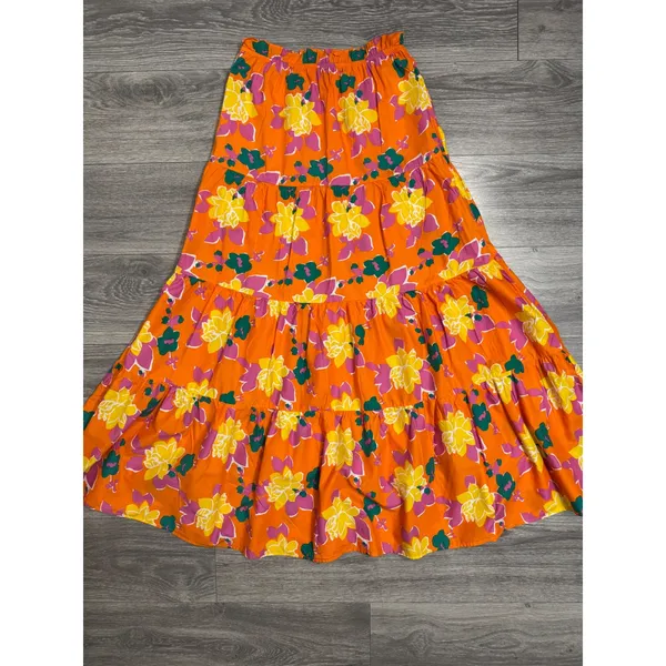 Lulus 100% Cotton‎ Maxi Skirt M Orange Floral Tiered High Waist Boho Summer - Image 4