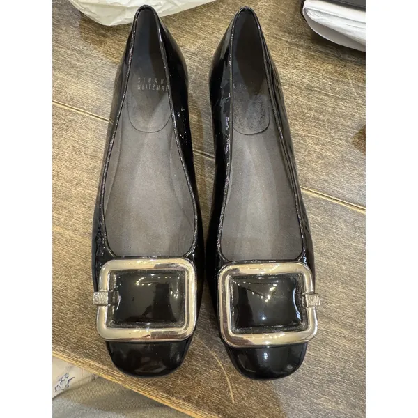 Stuart Weitzman Black Patent Ballet Slippers‎ Size 6.5 Silver Buckle 1/2" Heel - Image 11