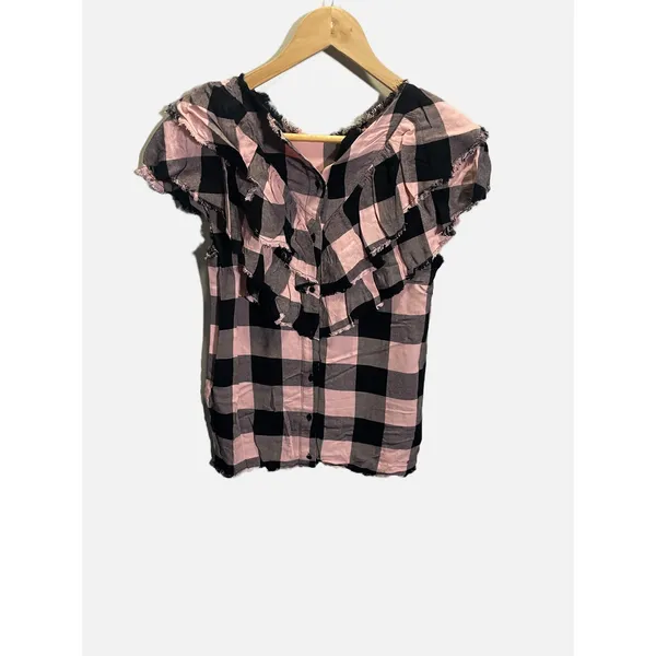 Zara Ruffle Top Women‎ XS Pink Black Buffalo Plaid Frayed Gingham Punk Grunge - Image 5