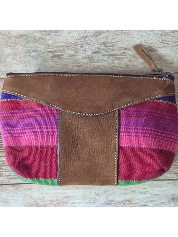 Handmade Guatemalan Leather & Woven Material Clutch Purse Cosmetic Bag 7.5" x 5" - Image 3