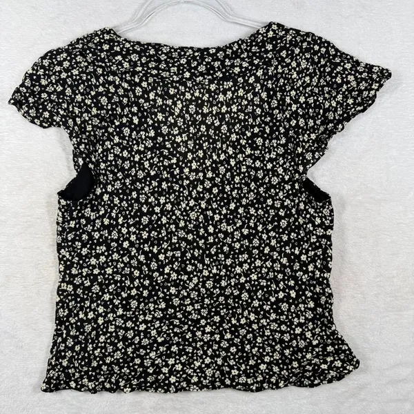 Reformation Black Cream Ditsy Floral V-Neck Tie Peplum Blouse Large Cap Sleeve - Image 7