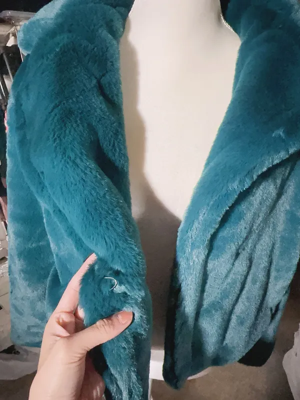 The Comfy rain + rose TEAL GREEN faux fur long sleeve jacket with pockets soft warm comfy New with tag Smoke and pets free Same day shipping Faux fur: No ANIMALS WERE HARMED IN THE MAKING OF THIS FASHION THIS GARMENT HAS BEEN HANDCRAFTED BY Rain + Rose STAFF FOR YOUR COMFORT - Image 8