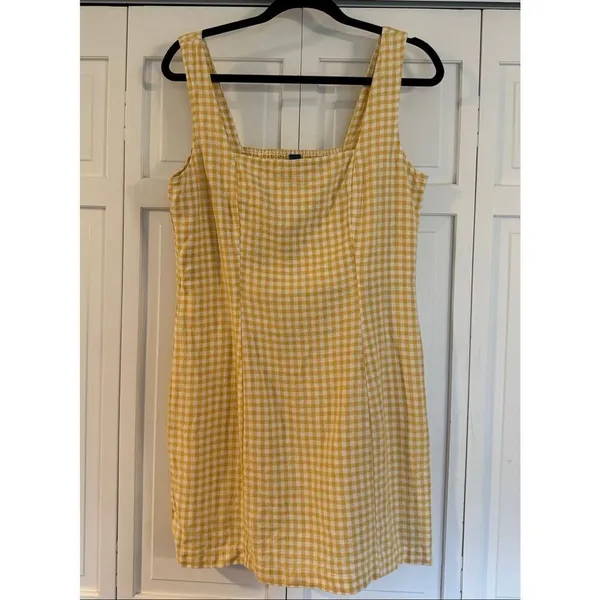 Old Navy yellow gingham plaid linen square neck mini dress large - Image 4