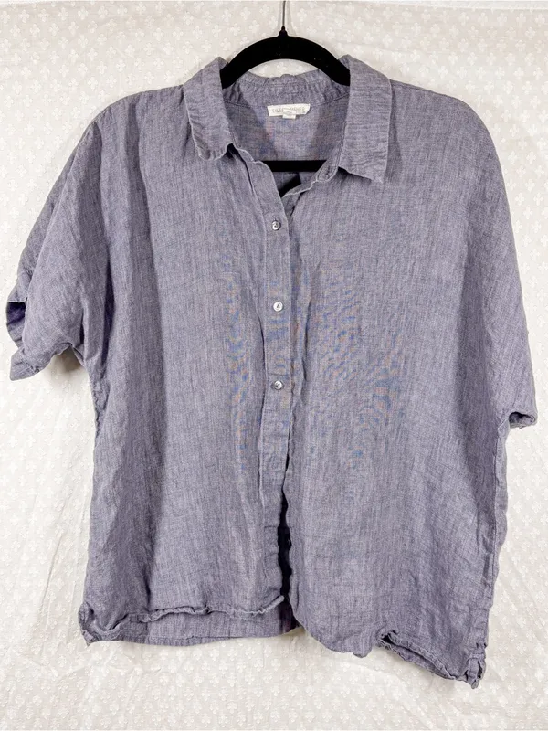 Eileen Fisher Blue Organic Linen Short Sleeve Button Down Top - Image 2