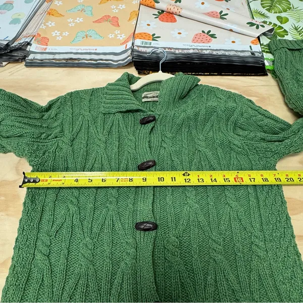 Vintage Aran Crafts Merino Wool Cable‎ Knit Button Cardigan Sweater Green XS - Image 9