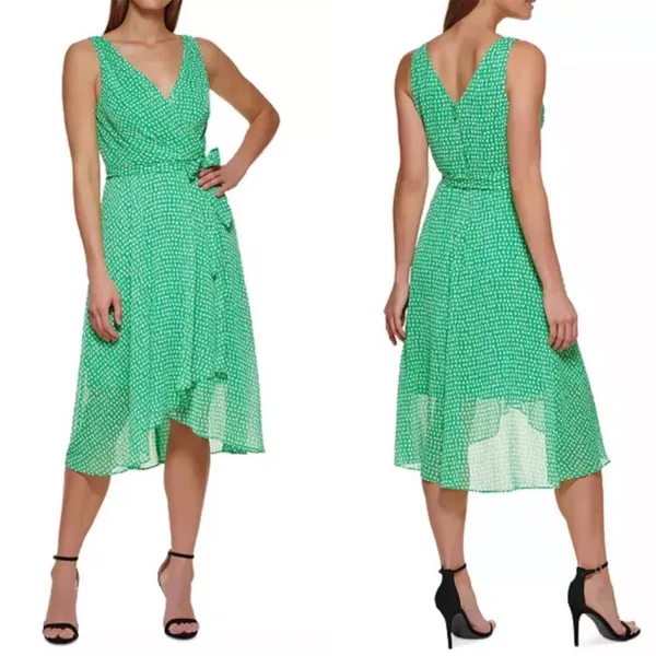 DKNY Lime Green White Chiffon Sleeveless Faux Wrap V Neck Fit & Flare Midi Dress - Image 2