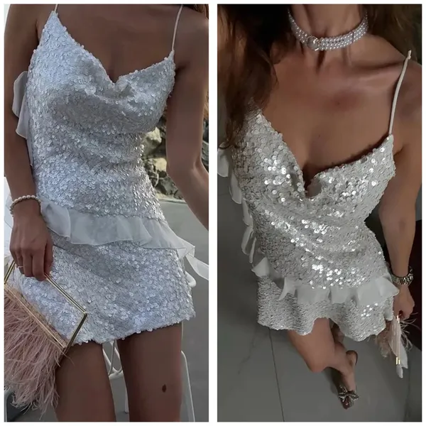 Zara White Sequin Ruffle Slip Mini Dress Size XS Bridal Cocktail 8306/732 - Image 9