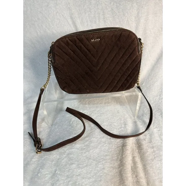 ALDO Women’s Brown Quilted Chevron Crossbody Bag Gold Chain Double Zip Strap - Image 2