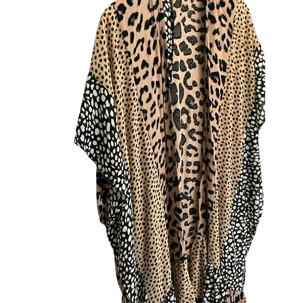 Umgee Womens‎ Leopard Patchwork Ruffle Kimono Wrap Brown Black SM - Image 10