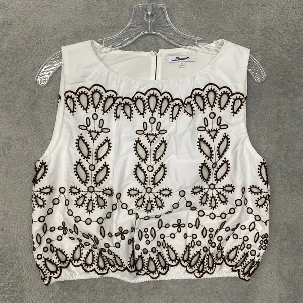 Madewell Top Womens XS Embroidered Sleeveless Bubble Poplin White Brown NZ529 - Image 2