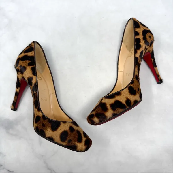 Christian Louboutin Particule 100 Leopard Calf Hair Leather Square Toe Pump Heel - Image 8
