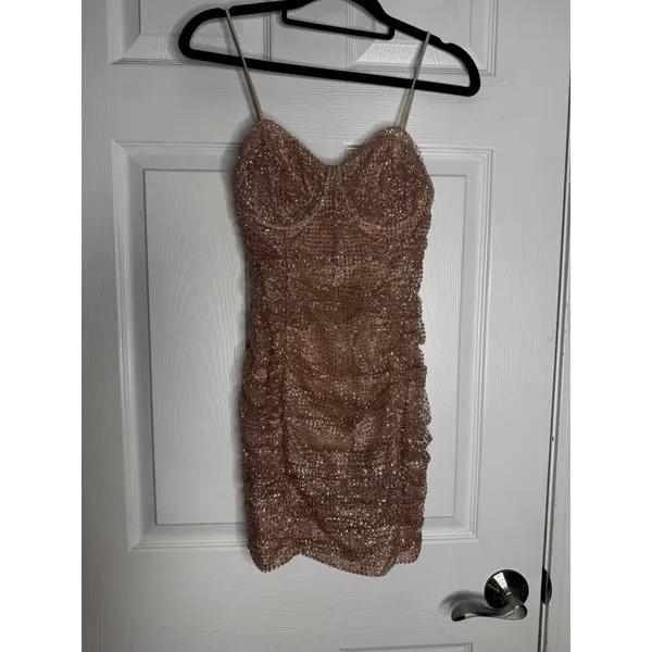 HELLO MOLLY NWT‎ Bottles Of Bubbles Rose Gold Mini Dress Size 4 Glitter Sparkle - Image 4