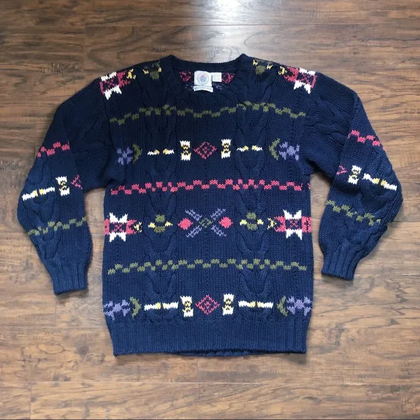 vintage • handknit sweater pullover chunky oversized navy blue 1990s cable knit - Image 5