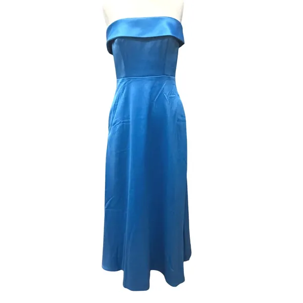 BHLDN Soma Strapless Stretch Satin Fit Flare Midi Dress 6 Blue Satin Formal HOCO - Image 2