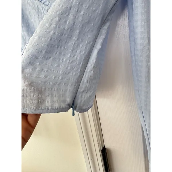 TOPSHOP Baby Blue Gingham Ruffle Sweetheart‎ Neck Crop Top Long Sleeve Size US 2 - Image 4