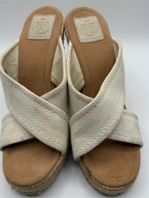 Tory Burch Kristen Espadrille Wedge Sandals Cream Canvas Gold Logo Women’s 10 - Image 5