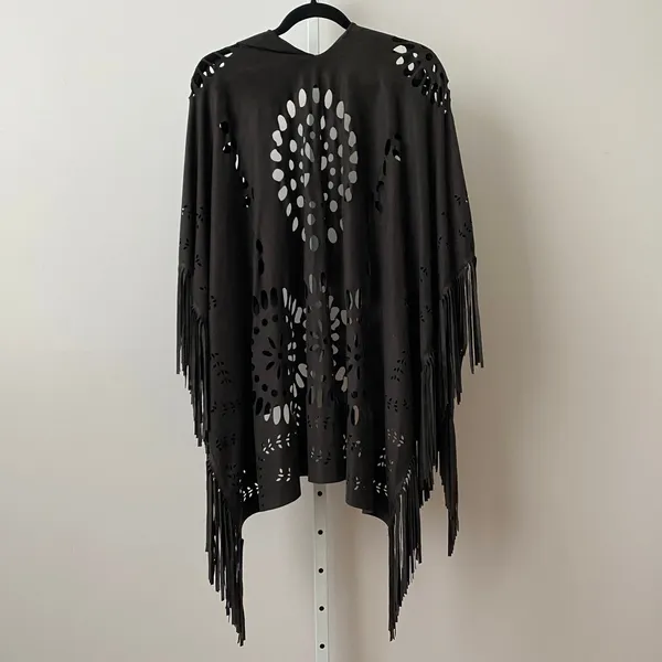 Whimsigoth Faux Suede Boho Western Witchy Laser Cut Fringe Shawl Kimono OS Black - Image 5
