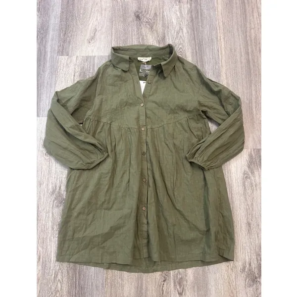 New In Olive Green Babydoll Tunic Dress Long Sleeve Button Down‎ Small NWT - Image 2