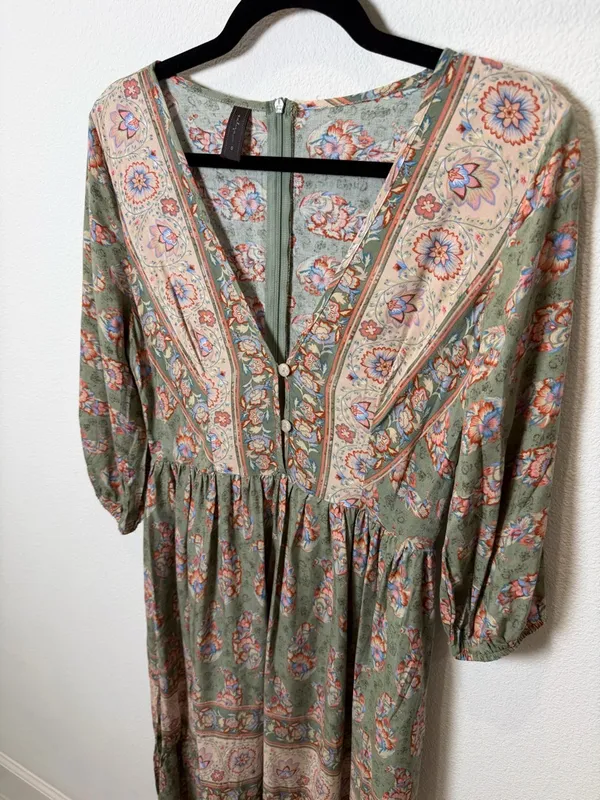 Boho Prairie Midi Dress Floral Rayon Cottagecore Peasant Small - Image 4