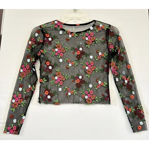 Kimchi Blue Womens Black Sheer Floral Embroidered Long Sleeve‎ Blouse Top Small - Image 3