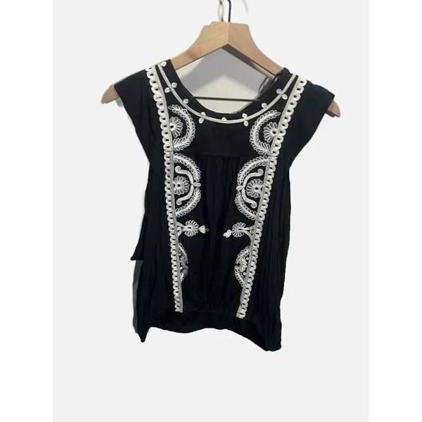 Free People Embroidered Top Womens XS Black‎ Boho Floral Cap Sleeve Blouse NEW - Image 4