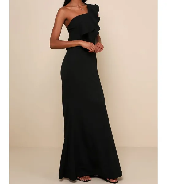 NEW Lulus Grand Beauty Black Ruffled One-Shoulder Mermaid Maxi Dress Large - Image 2