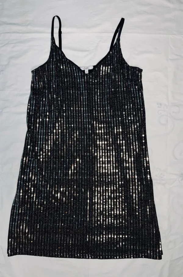 Candie's XL Black and Gold Sequin Striped V-Neck Slip Dress - Image 5