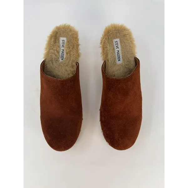 Steve Madden Brooklyn Womens Clogs Brown Suede Mules Fur Trim Studded Sandals 8M - Image 2